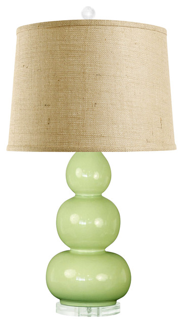 Baker Modern Green Glazed Ceramic Triple Gourd Linen Table Lamp Baker Modern Green Glazed Ceramic Triple Gourd Burlap Table Lamp Contemporary Lamps