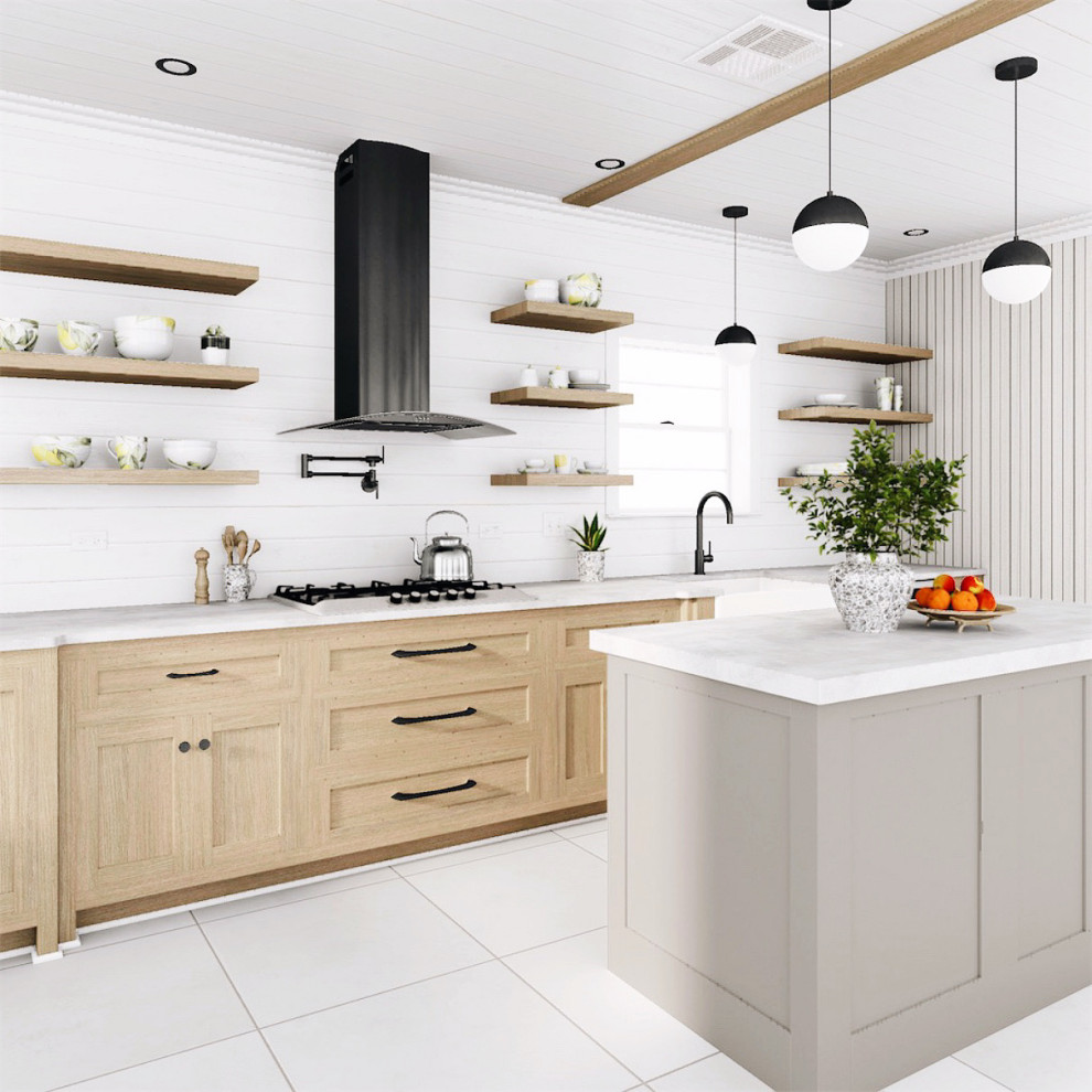 Exempel på ett klassiskt grå grått kök, med skåp i shakerstil, skåp i ljust trä, bänkskiva i betong, vitt stänkskydd, svarta vitvaror, cementgolv, en köksö och grått golv