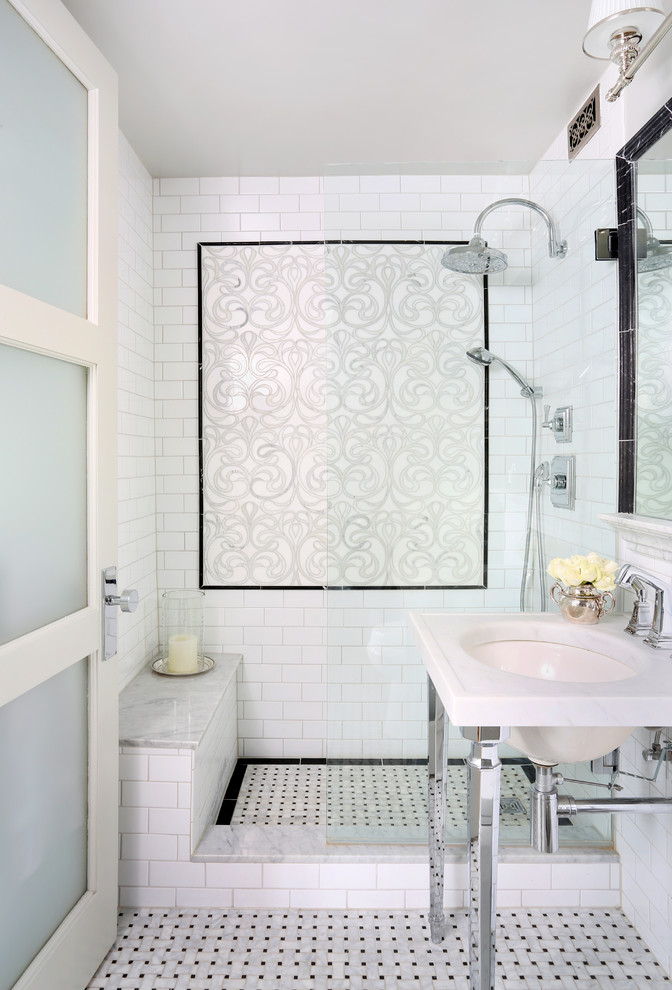 Photo of a small transitional master bathroom in Chicago with a console sink, an open shower, white tile, subway tile, white walls, marble floors, marble benchtops and an open shower.