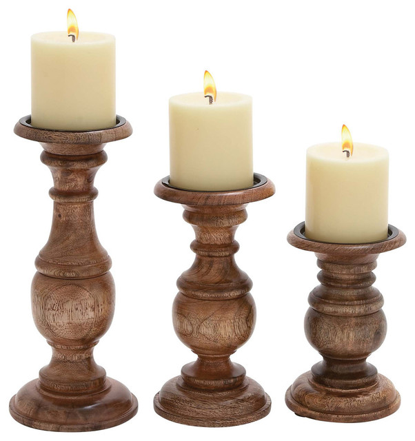 Organic Wood Candleholders, 3-Piece Set, Brown