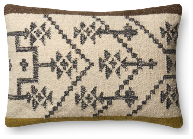 Wool Tribal Design Pillow, 16"x26", Olive/Taupe, Down/Feather