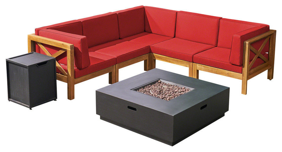 GDF Studio 7-Piece Gina Outdoor Acacia Wood Sofa Set With Fire Pit, Red/Dark Gray