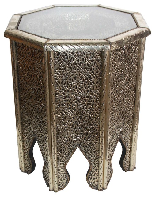 Moroccan Silver Nickel Side Table With Glass Top Design 1