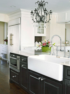 sink farmhouse kitchen cabinets sinks farm kitchens interior dark contemporary bhg countertops chandeliers contrast looks mexico above stainless crisp gothic