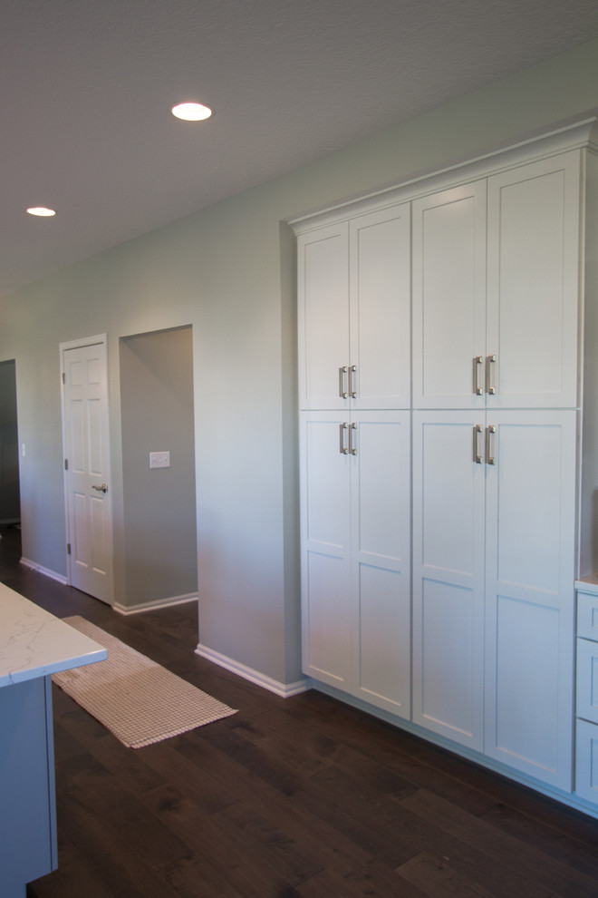 Transitional single-wall dark wood floor and brown floor open concept kitchen photo with an undermount sink, recessed-panel cabinets, white cabinets, quartzite countertops, gray backsplash, marble backsplash, stainless steel appliances and an island