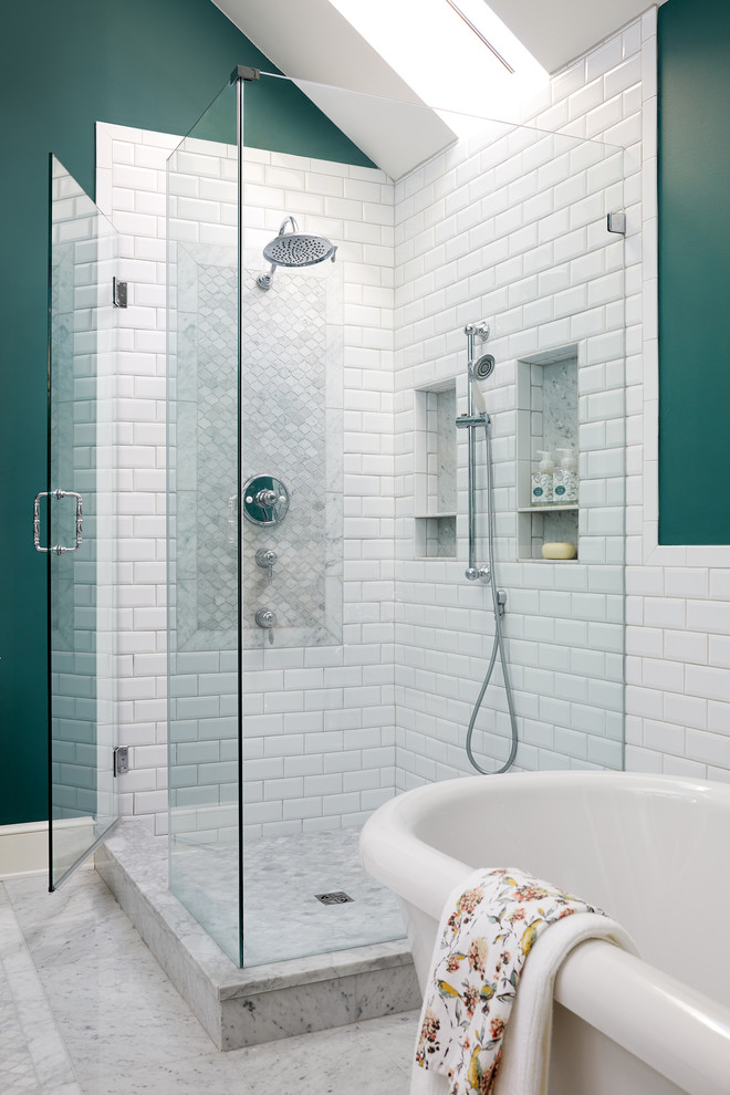 Design ideas for a large traditional master bathroom in DC Metro with white cabinets, a freestanding tub, a corner shower, white tile, subway tile, green walls, white floor and a hinged shower door.