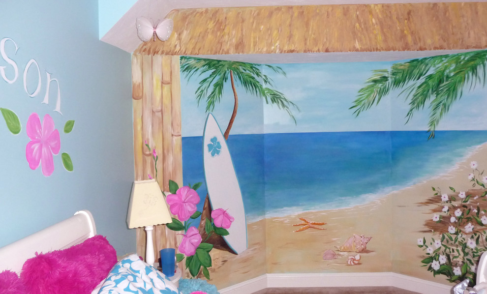 This is an example of a tropical bedroom in Boston.
