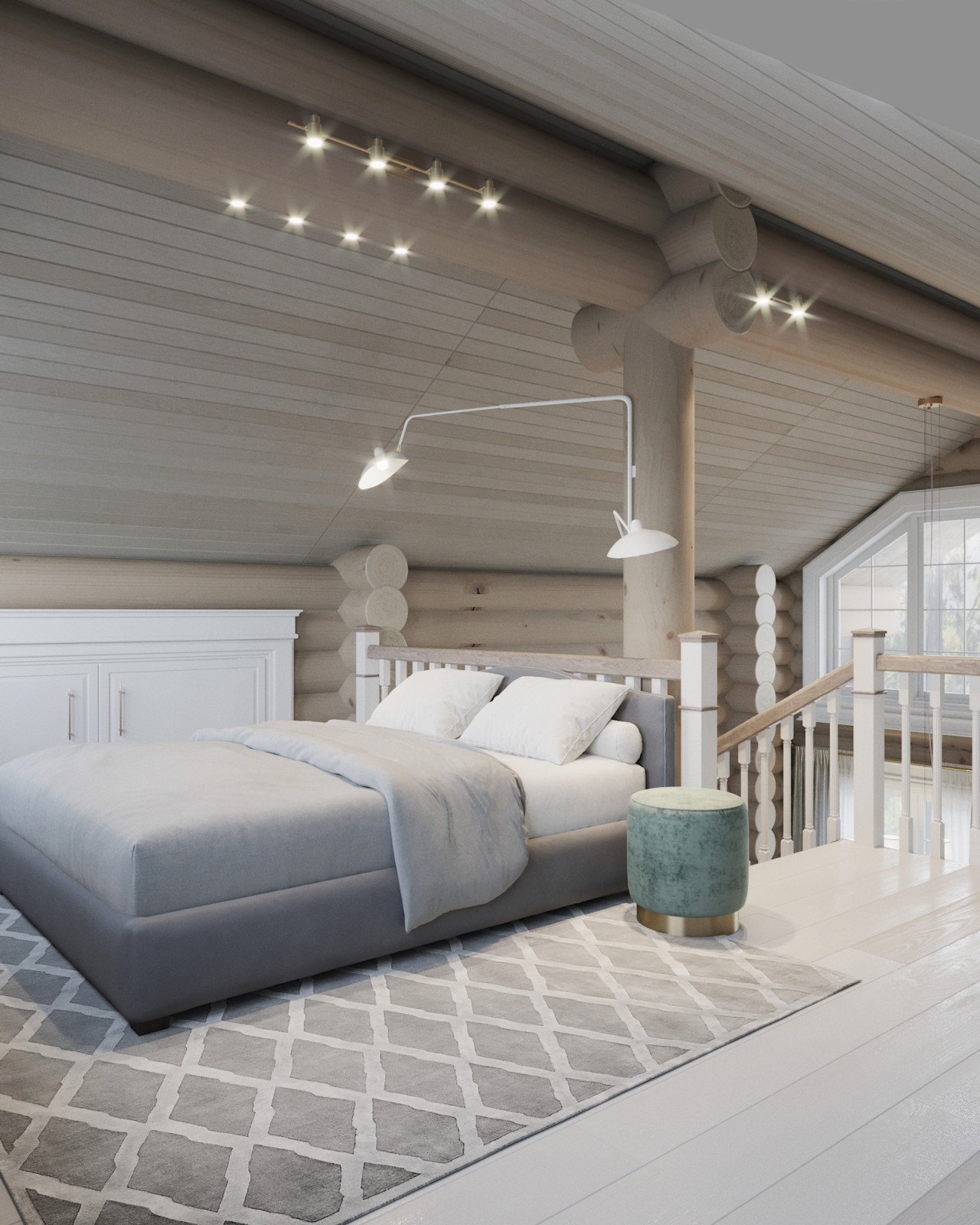 Проект интерьера загородного бревенчатого дома в стиле неоклассика