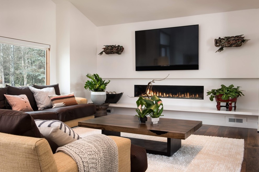 Design ideas for a contemporary living room in Salt Lake City with white walls, dark hardwood floors, a wall-mounted tv, brown floor and a ribbon fireplace.