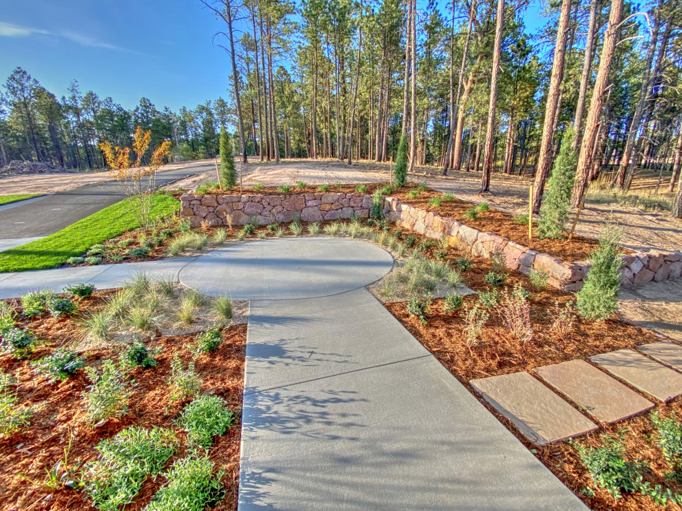 Photo of a large front yard full sun formal garden for fall in Denver with with path and mulch.