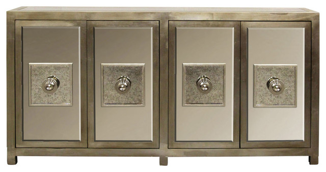 Andes Sideboard Silver Leaf Finish With Antique Beveled Mirror 4 Door Andes Sideboard Silver Leaf Finish With Antique Beveled Mirror 4 Door
