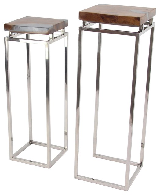 Modern Teak Wood and Aluminum Pedestals, 2-Piece Set, Brown and Silver