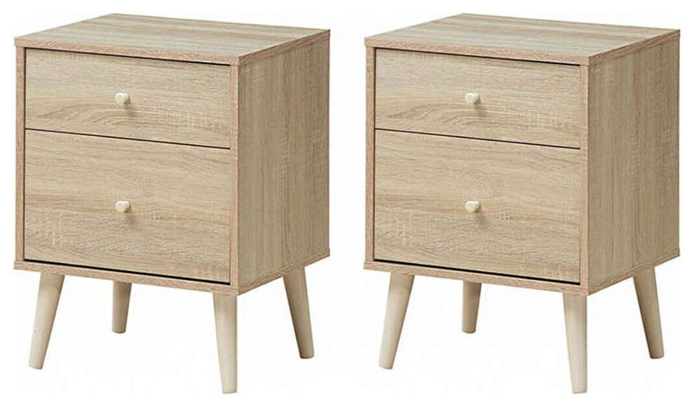Set of 2 Nightstand, Rubberwood Tapered Legs & Unique Drawer Knobs, Oak Finish Midcentury