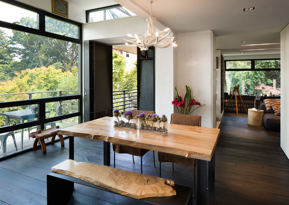 Contemporary dining room in San Francisco with white walls and dark hardwood floors.