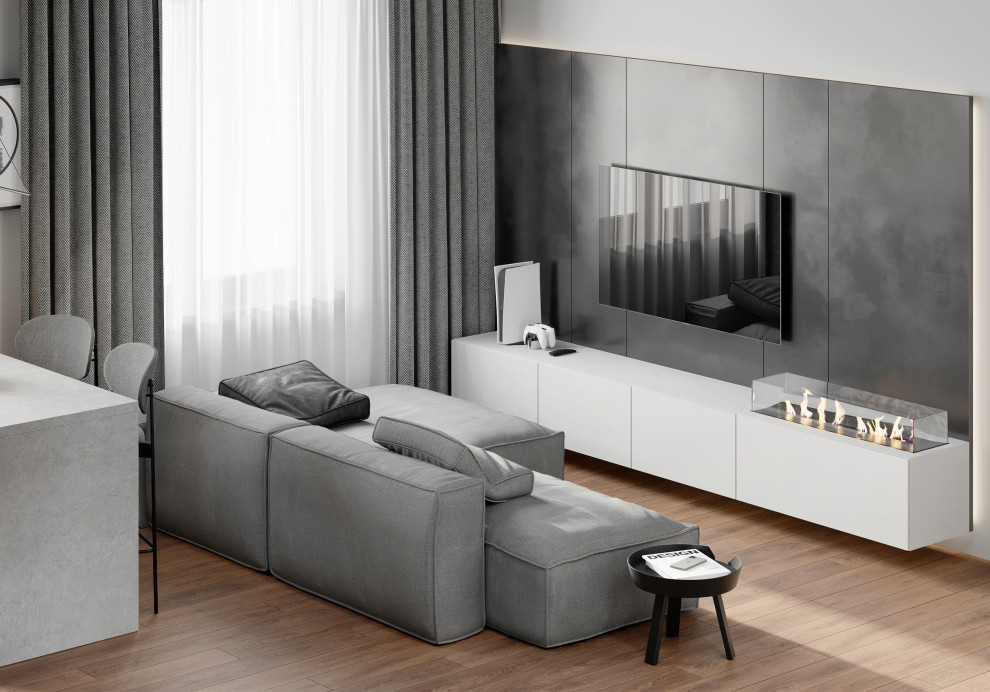 Idéer för att renovera ett mellanstort minimalistiskt vardagsrum, med mellanmörkt trägolv, en väggmonterad TV, brunt golv och grå väggar