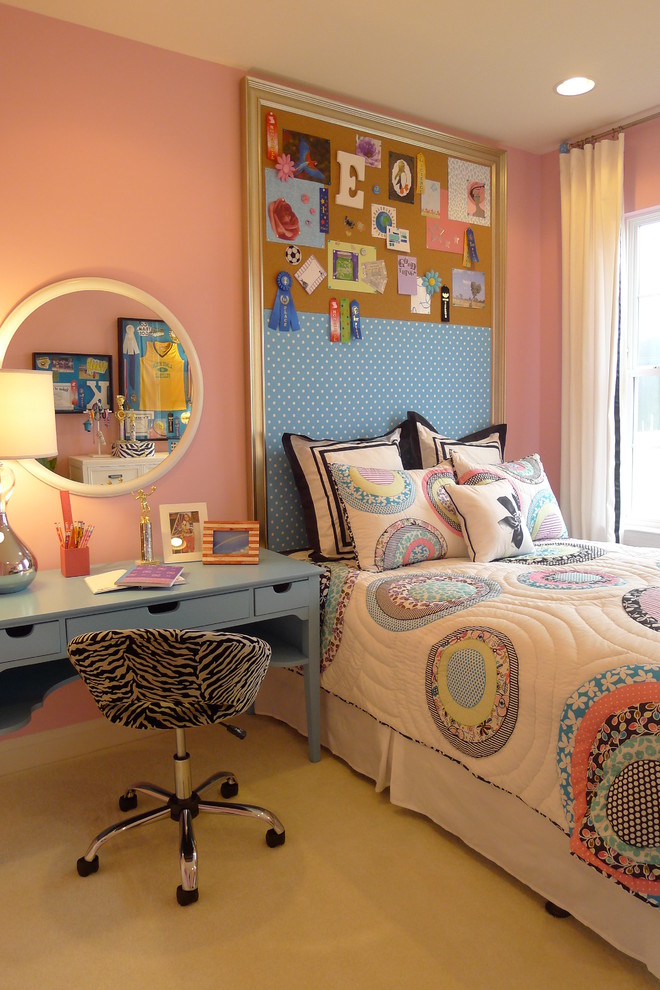 This is an example of a contemporary kids' room for girls in DC Metro with pink walls.