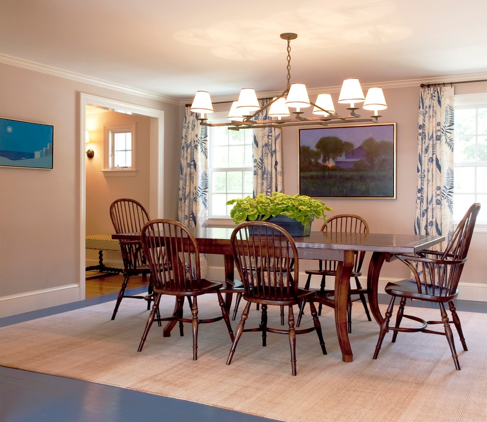 Transitional dining room in Boston with beige walls and light hardwood floors.
