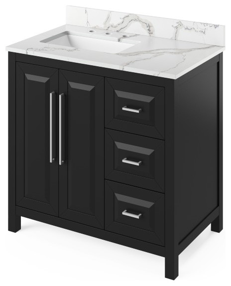 Cade 36" Black Single Sink Vanity With Quartz Top, Left Offset