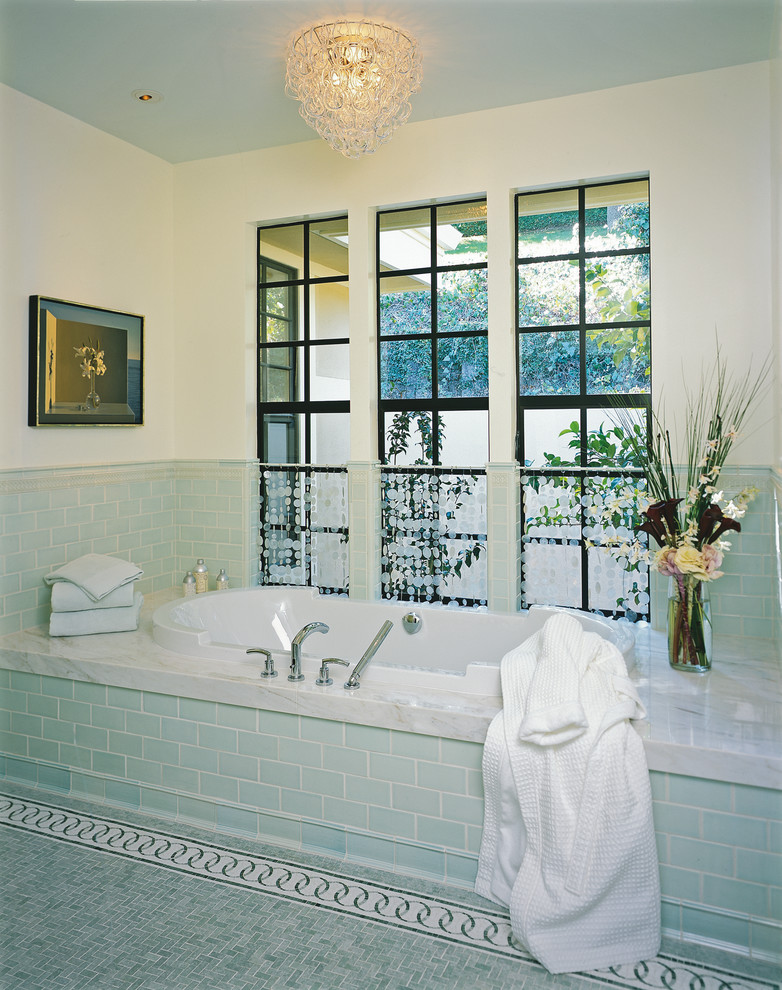 This is an example of a contemporary bathroom in San Francisco with mosaic tile.