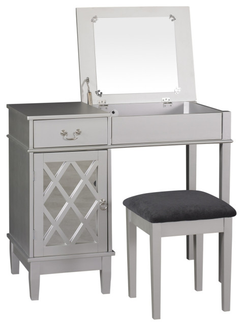 Wooden Vanity Set With Flip Top Mirror And Storage Compartment Gray Transitional Bedroom Makeup Vanities By Virventures