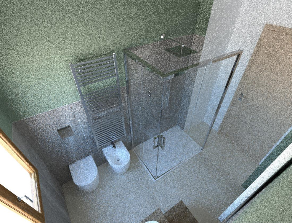 Exemple d'une salle d'eau chic de taille moyenne avec un placard en trompe-l'oeil, des portes de placard beiges, une douche à l'italienne, un carrelage gris, du carrelage en marbre, un mur vert, un sol en marbre, une vasque, un plan de toilette en bois, un sol rose, une cabine de douche à porte coulissante, meuble simple vasque, meuble-lavabo suspendu et un plafond en bois.
