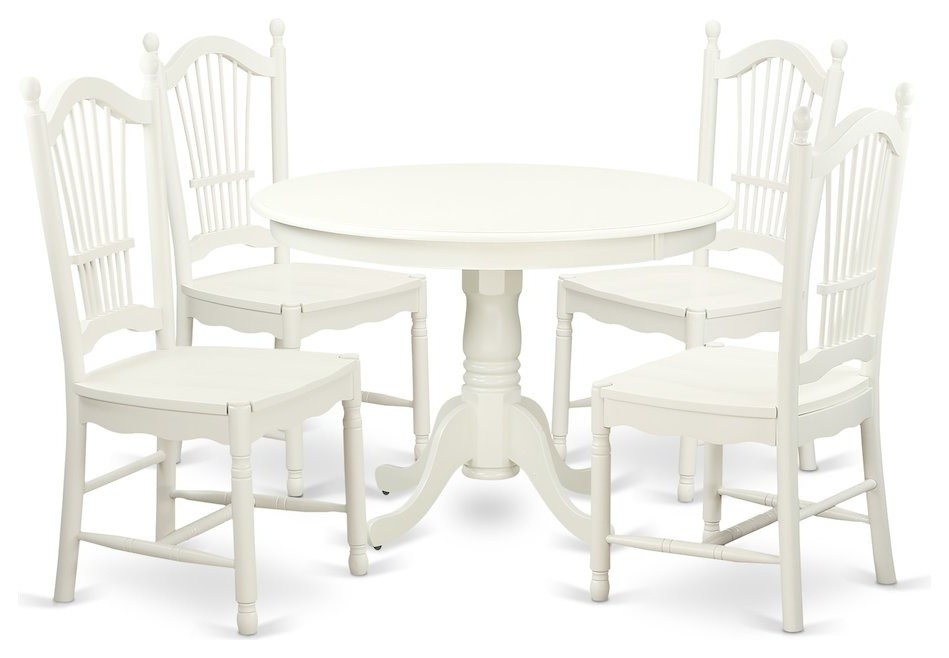 5-Piece Set With a Round Dinette Table and 4 Wood Dinette Chairs, Linen White