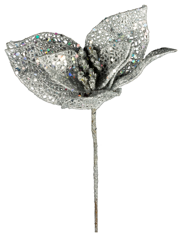 14" Silver Glitter Christmas Flower Pick Contemporary Artificial