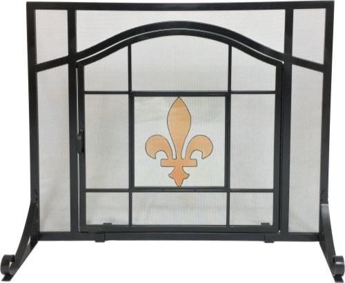 Dagan S167 Black Wrought Iron Panel Screen With Glass Fleur De Lis