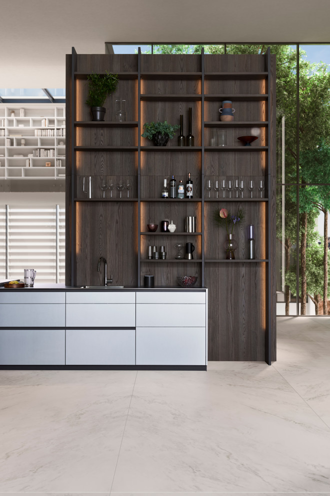 Design ideas for a large contemporary galley eat-in kitchen in Orange County with flat-panel cabinets, stainless steel benchtops, porcelain floors and with island.