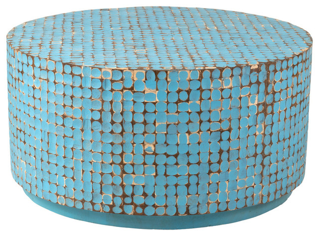 East at Main Cummings Blue Coconut Shell Inlay Round Coffee Table