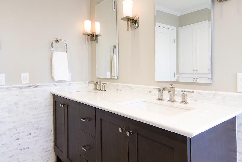 Home design - mid-sized transitional master gray tile porcelain tile home design idea in Minneapolis with furniture-like cabinets, gray cabinets, an undermount tub, a bidet, gray walls, an undermount sink and quartzite countertops