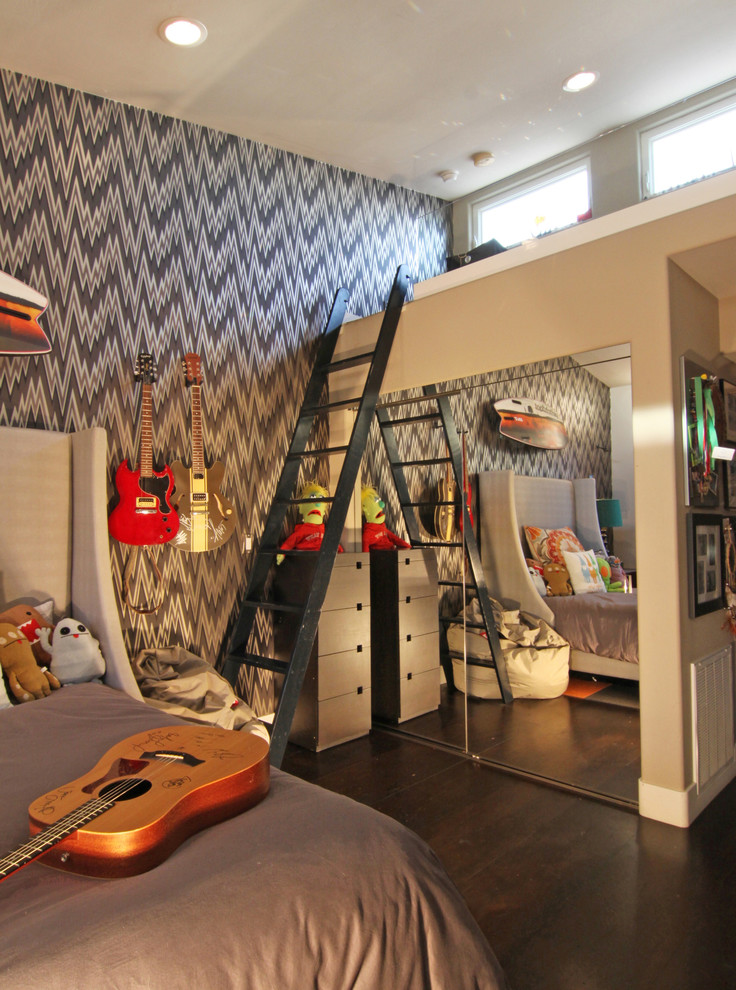 Inspiration for an eclectic kids' room for boys in San Diego with grey walls and dark hardwood floors.