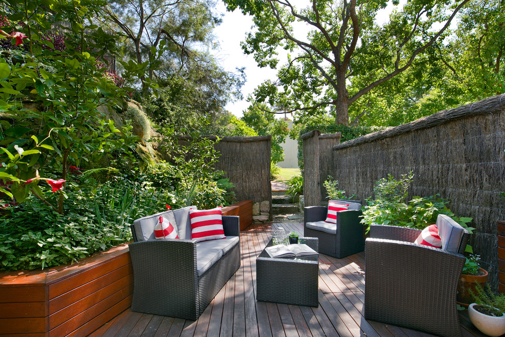This is an example of a transitional backyard deck in Sydney with a container garden and no cover.