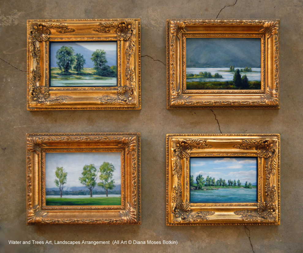 Wall space arrangement of small framed landscapes