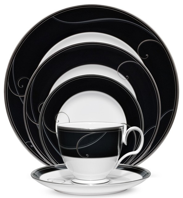 Noritake Platinum Wave Ebony China Set Contemporary Dinnerware Noritake Platinum Wave Ebony China Set