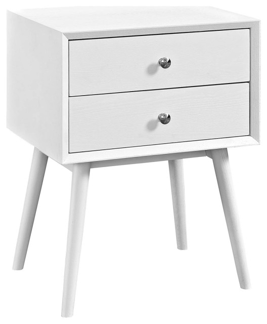 Mid Century Modern Nightstand, Angled Legs & 2 Drawers With Round Knobs