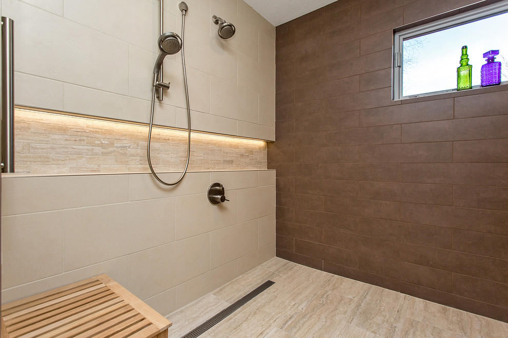 Mid-sized transitional master doorless shower photo with an undermount sink, flat-panel cabinets and dark wood cabinets