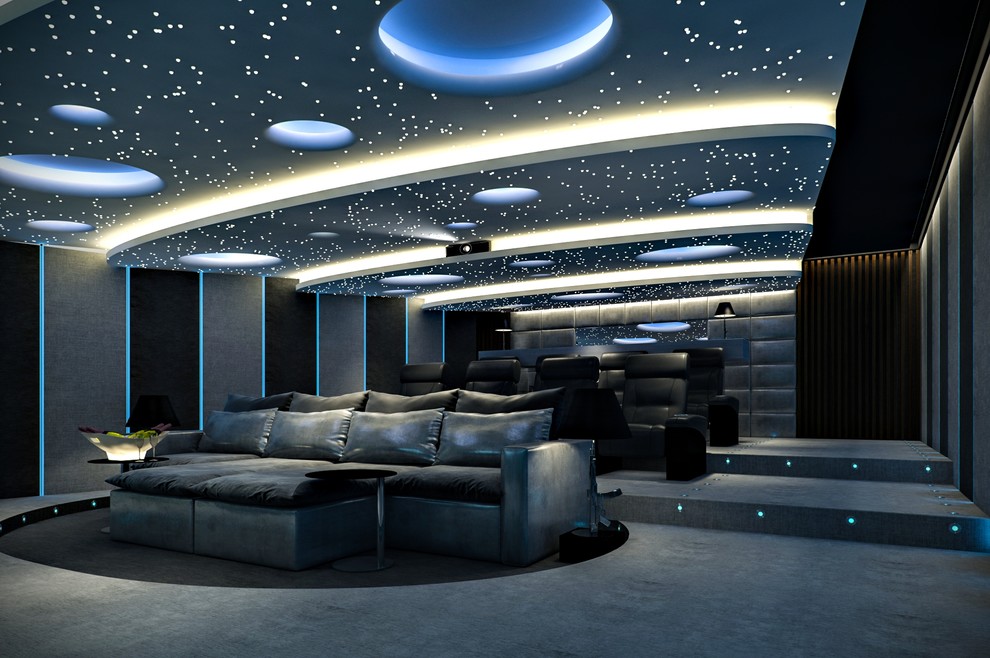 This is an example of an expansive contemporary enclosed home theatre in Other with a projector screen.