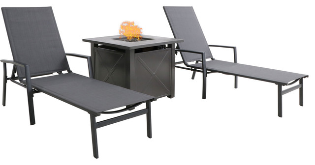 Naples 3 Piece Chaise Lounge Set Tile Top Fire Pit Table Burner