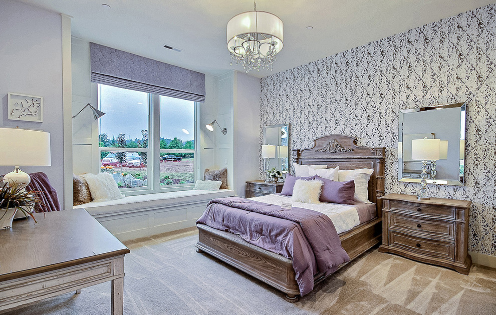 This is an example of an expansive country guest bedroom in Portland with multi-coloured walls, carpet and beige floor.