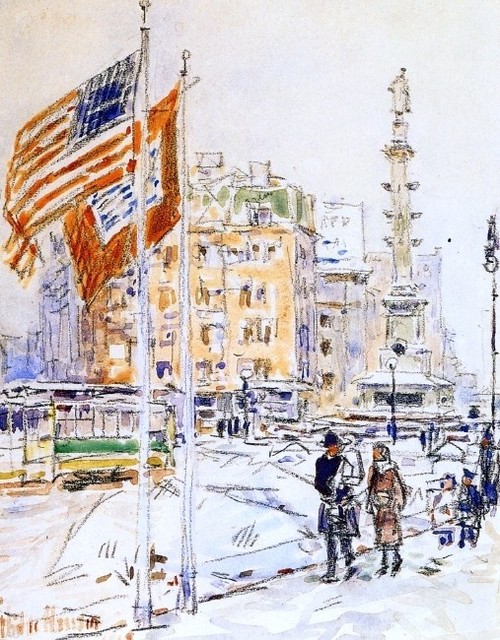 AMERICAN FLAGS HANGING IN NEW YORK CHILDE HASSAM PAINTING ART REAL CANVAS PRINT