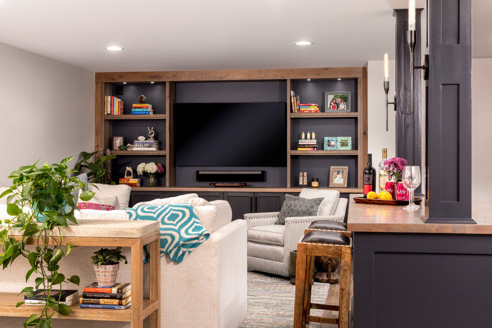 Inspiration for a large transitional underground laminate floor and brown floor basement remodel with gray walls and no fireplace
