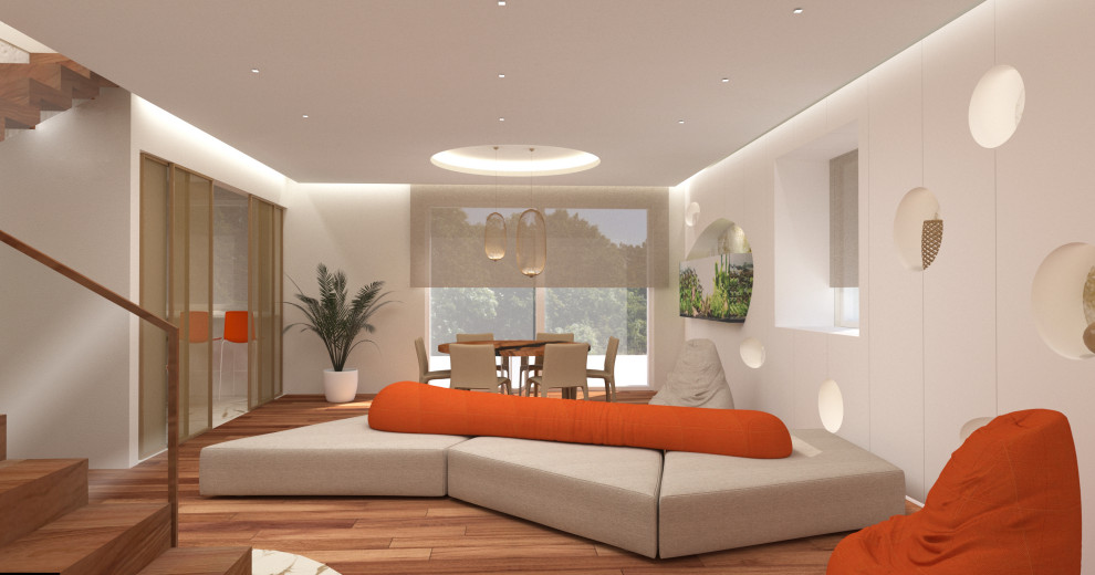 Esempio di un soggiorno contemporaneo con pareti bianche, parquet chiaro e pavimento beige