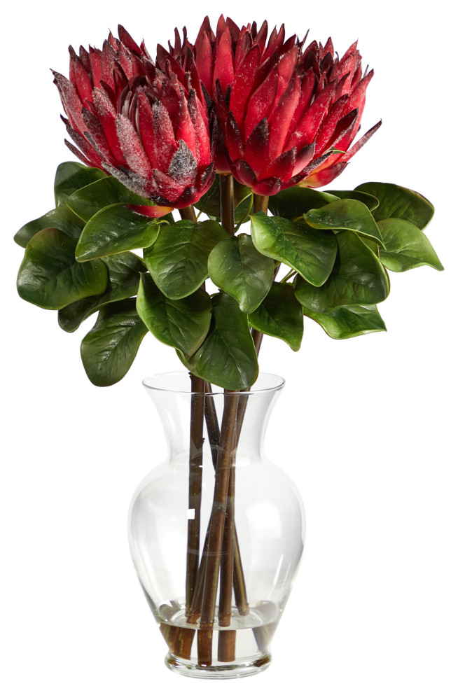Nearly Natural 23" King Protea Artificial Arrangement, Glass Vase