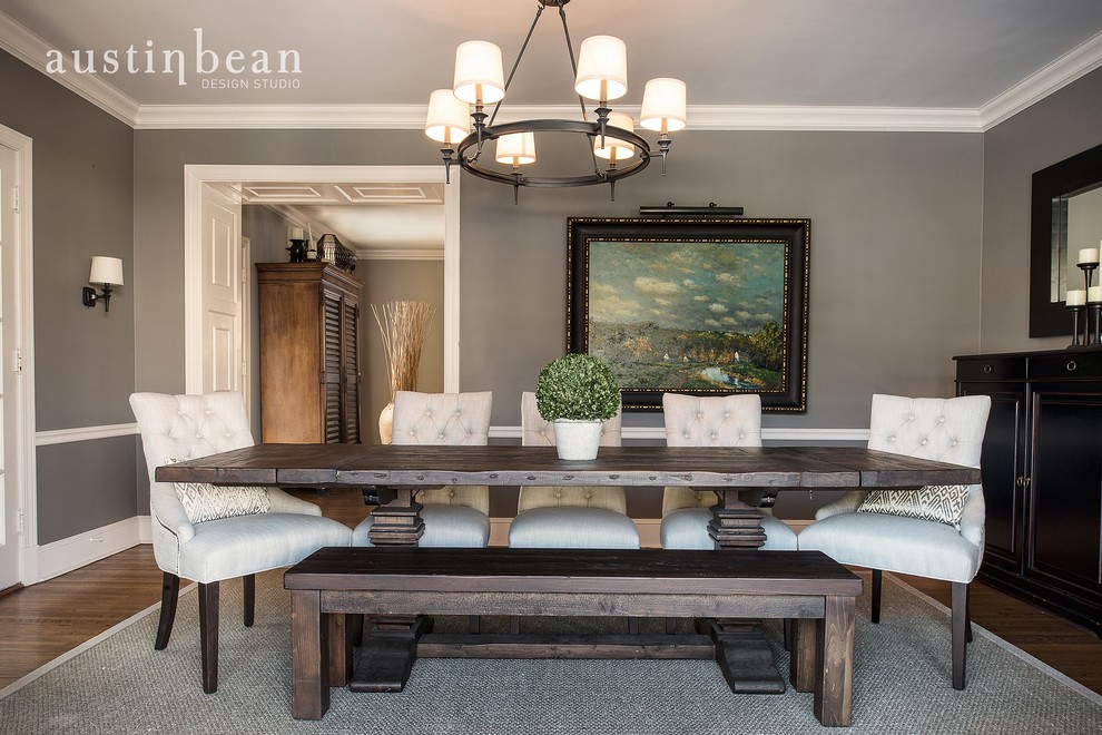 Example of a transitional medium tone wood floor enclosed dining room design with gray walls and no fireplace