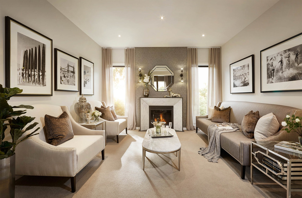 Inspiration for a mid-sized transitional living room in Melbourne with carpet, a standard fireplace and a stone fireplace surround.