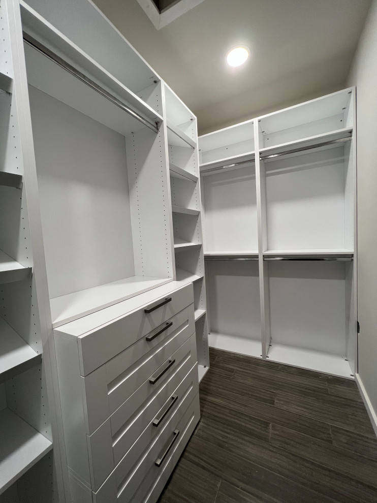 Inspiration for a small contemporary gender-neutral walk-in wardrobe in DC Metro with shaker cabinets and white cabinets.