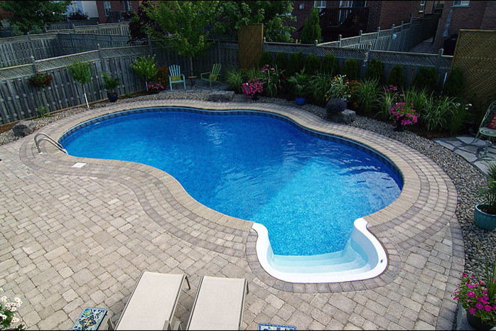 Inspiration for a mid-sized transitional backyard concrete paver and custom-shaped lap pool remodel in Toronto
