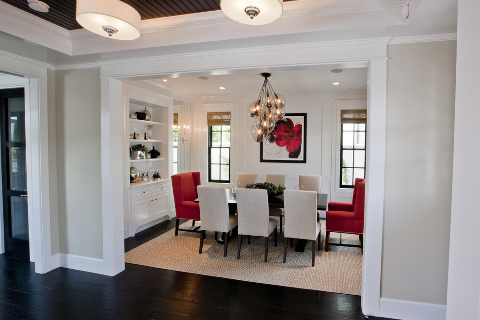 Design ideas for a transitional dining room in Orange County with beige walls and dark hardwood floors.