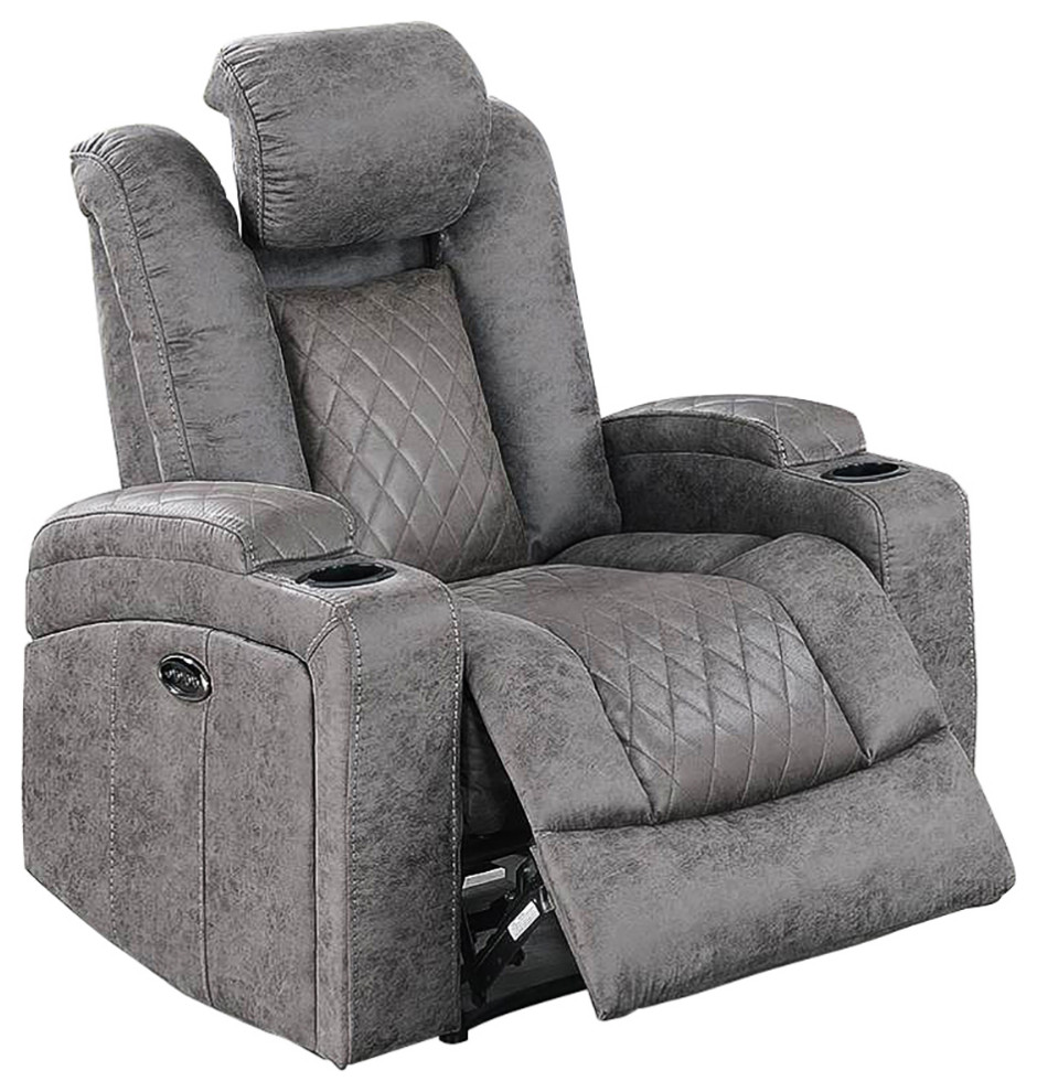 Power Recliner With Cup Holders, Antique Gray Contemporary Recliner